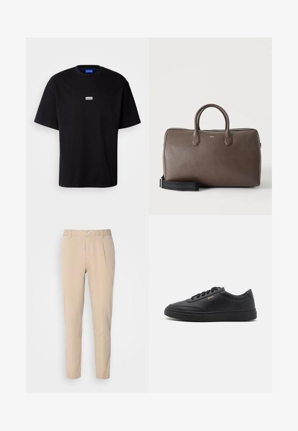 Sort bomulds t-shirt med rund hals, korte ærmer og et hvidt rektangulært "HUGO" logo på brystet. Glat overflade, afslappet pasform.; Beige bukser med en slim fit, lavet af vævet materiale. Har en enkelt knaplukning, plisseret front og lige ben.; Sorte lædersneakers med en glat overflade, rund tå, flad gummisål og tonede snørebånd. Udstyret med guld "BOSS" branding på siden.; Brun læder duffel taske med to håndtag, en sort justerbar skulderrem og et lille "BOSS" logo på fronten i midten.