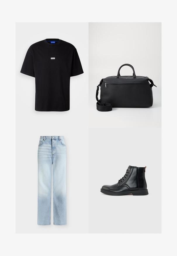 Schwarzes Baumwoll-T-Shirt mit Rundhalsausschnitt, kurzen Ärmeln und einem weißen rechteckigen "HUGO"-Logo auf der Brust. Glatte Textur, lockere Passform.; Hellblaue, hoch taillierte Jeans mit geradem Bein, Fronttaschen, Gürtelschlaufen und einem Knopfverschluss.; Schwarzer Leder-Stiefel bis zum Knöchel mit Schnürung vorne, rundem Zeh, flacher Sohle und Zuglasche hinten vor schlichtem hellgrauem Hintergrund.; Schwarze Leder-Reisetasche mit zwei Oberhandgriffen, einem abnehmbaren Schultergurt und einer Reißverschlusstasche auf der Vorderseite für zusätzlichen Stauraum.