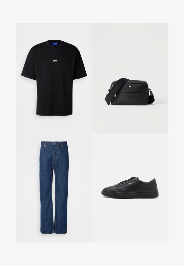 Schwarzes Baumwoll-T-Shirt mit Rundhalsausschnitt, kurzen Ärmeln und einem weißen rechteckigen "HUGO"-Logo auf der Brust. Glatte Textur, lockere Passform.; Blaue Jeans aus Denim mit geradem Bein, ausgestattet mit einem Knopfverschluss, fünf Taschen und kontrastierenden Nähten entlang der Säume.; Schwarze Leder-Sneaker mit glatter Textur, runder Zehenpartie, flacher Gummisohle und einfarbigen Schnürsenkeln. Mit goldfarbenem "BOSS" Logo an der Seite.; Schwarze, strukturierte Leder-Crossbody-Tasche mit vorderer Reißverschlusstasche und verstellbarem breitem Stoff-Schulterriemen auf weißem Hintergrund.