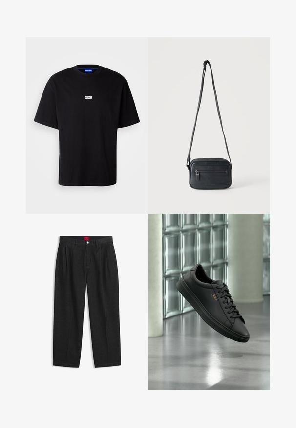 Schwarzes Baumwoll-T-Shirt mit Rundhalsausschnitt, kurzen Ärmeln und einem weißen rechteckigen "HUGO"-Logo auf der Brust. Glatte Textur, lockere Passform.; Schwarze Hose mit hoher Taille, vorderen Falten, Gürtelschlaufen, Knopf- und Reißverschluss sowie einem roten Etikett innen am Bund.; Schwarzer flacher Ledersneaker mit schwarzen Schnürsenkeln und goldenem BOSS-Logo an der Seite, schwebend über einem glänzenden grauen Boden in einem modernen Innenraum.; Schwarze Umhängetasche mit vorderer Reißverschlusstasche, strukturierter Oberfläche und verstellbarem Riemen, die vor einem schlichten hellen Hintergrund hängt.