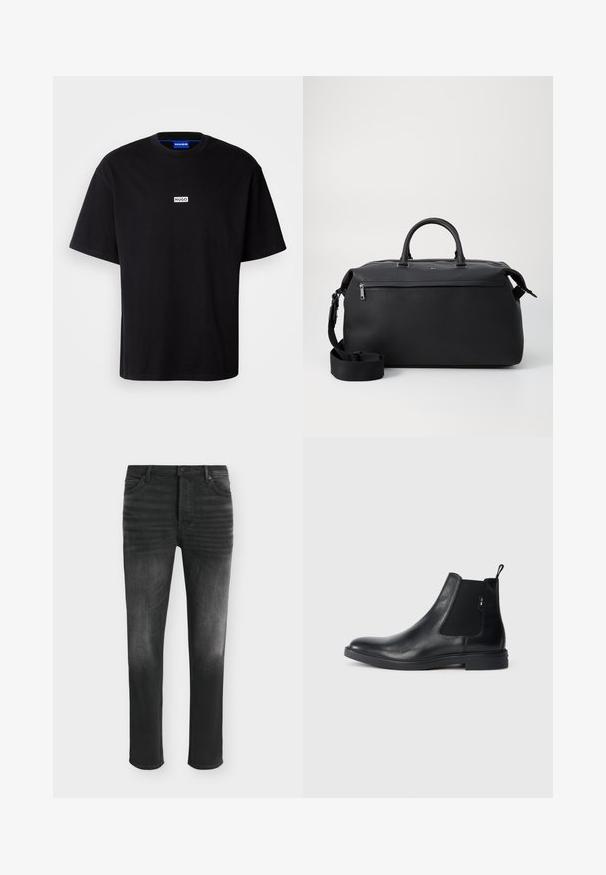 Sort bomulds t-shirt med rund hals, korte ærmer og et hvidt rektangulært "HUGO" logo på brystet. Glat overflade, afslappet pasform.; Sorte skinny-fit jeans med falmede detaljer, fem-lomme-stil og knaplukning i taljen.; Sorte læder Chelsea støvler med elastiske sidepaneler, en pull-tab og en flad gummisål. Glat tekstur med minimal detaljer.; Sort læder duffel taske med to top hanke, en aftagelig skulderrem og en lynlåslomme foran til ekstra opbevaring.