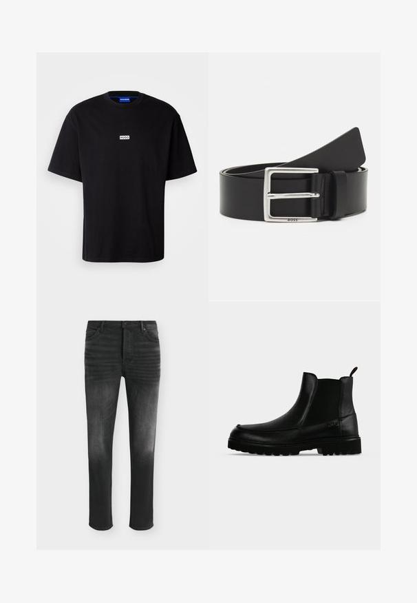 Schwarzes Baumwoll-T-Shirt mit Rundhalsausschnitt, kurzen Ärmeln und einem weißen rechteckigen "HUGO"-Logo auf der Brust. Glatte Textur, lockere Passform.; Schwarze Skinny-Jeans mit ausgebleichten Details, Fünf-Taschen-Stil und Knopfverschluss in der Taille.; Schwarzer Lederknöchelstiefel mit strukturierter Sohle, elastischen Seitenteilen und Zuglasche vor einem hellgrauen Hintergrund.; Schwarzer Ledergürtel mit einer rechteckigen silbernen Schnalle, verfügt über dezente Markenkennzeichnung und eine glatte Textur. Die Enden laufen zu einer abgerundeten Form zu.