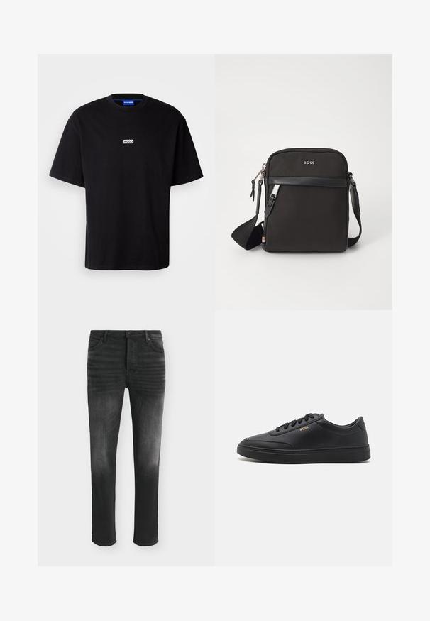 Schwarzes Baumwoll-T-Shirt mit Rundhalsausschnitt, kurzen Ärmeln und einem weißen rechteckigen "HUGO"-Logo auf der Brust. Glatte Textur, lockere Passform.; Schwarze Skinny-Jeans mit ausgebleichten Details, Fünf-Taschen-Stil und Knopfverschluss in der Taille.; Schwarze Leder-Sneaker mit glatter Textur, runder Zehenpartie, flacher Gummisohle und einfarbigen Schnürsenkeln. Mit goldfarbenem "BOSS" Logo an der Seite.; Schwarze Umhängetasche aus strukturiertem Stoff, mit Logo auf der Vorderseite, Reißverschluss und verstellbarem Tragegurt. Verfügt über eine glatte Lederbesatz.