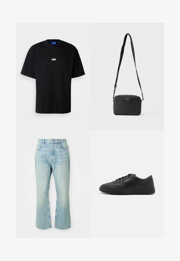 Sort bomulds t-shirt med rund hals, korte ærmer og et hvidt rektangulært "HUGO" logo på brystet. Glat overflade, afslappet pasform.; Lysblå denim flared jeans med høj talje, der har fem lommer, bæltestropper og en toned vævning.; Sorte lædersneakers med en glat overflade, rund tå, flad gummisål og tonede snørebånd. Udstyret med guld "BOSS" branding på siden.; Sort rektangulær crossbody taske med justerbar rem og BOSS-logo foran, sat mod en ensfarvet lys baggrund.
