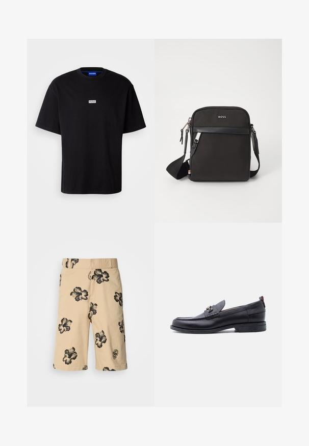 Schwarzes Baumwoll-T-Shirt mit Rundhalsausschnitt, kurzen Ärmeln und einem weißen rechteckigen "HUGO"-Logo auf der Brust. Glatte Textur, lockere Passform.; Beige Shorts mit schwarzem Hibiskus-Blumenmuster. Mit elastischem Bund und einem Logodetail an der unteren Seite. Aus leichtem Stoff gefertigt.; Schwarzer Lederloafer mit grauem, strukturiertem Vorderblatt, silberner Metallschnalle, niedrigem Absatz und Zuglasche hinten.; Schwarze Umhängetasche aus strukturiertem Stoff, mit Logo auf der Vorderseite, Reißverschluss und verstellbarem Tragegurt. Verfügt über eine glatte Lederbesatz.