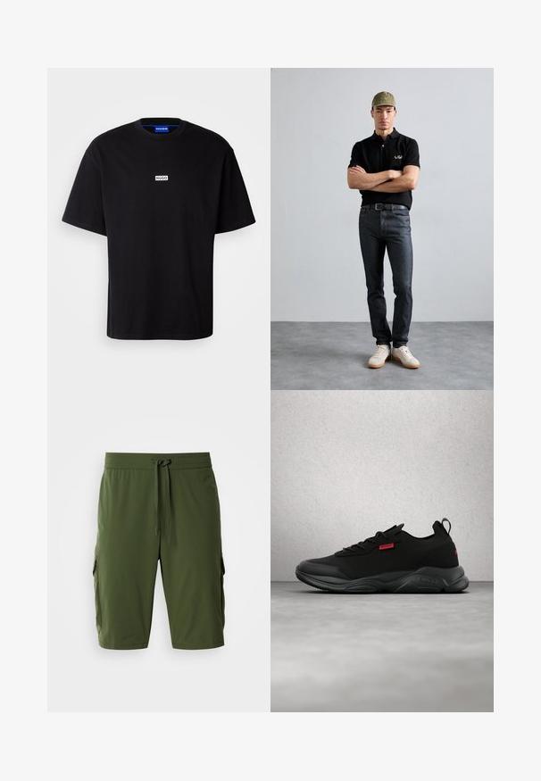 Sort bomulds t-shirt med rund hals, korte ærmer og et hvidt rektangulært "HUGO" logo på brystet. Glat overflade, afslappet pasform.; Olivengrønne cargo shorts med elastisk talje, justerbar snor samt sidelommer til opbevaring. Glat stof, knælang pasform.; Sort lavtop atletiksneaker med tekstureret sål, mesh-stof og rød "HUGO" label på siden og hælen, placeret på grå overflade.; Sort polo-shirt med guld logo, mørke denim jeans og lyse sko. Olivengrøn kasket med logo. Modellen står med armene over kors mod en struktureret baggrund.