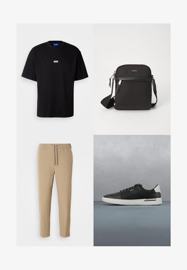 Sort bomulds t-shirt med rund hals, korte ærmer og et hvidt rektangulært "HUGO" logo på brystet. Glat overflade, afslappet pasform.; Beige, tapered bukser med elastisk talje og snor. Glat stof med et rent design uden synlige mønstre eller hardware.; Sort lædersneaker med hvid sål, har perforeringer, snørebåndsdesign, logo på siden og kontrasterende hældetalje i hvid og brun.; Sort crossbody taske med et struktureret stof, logo på fronten, lynlås lukning og justerbar rem. Har en glat læderkant.