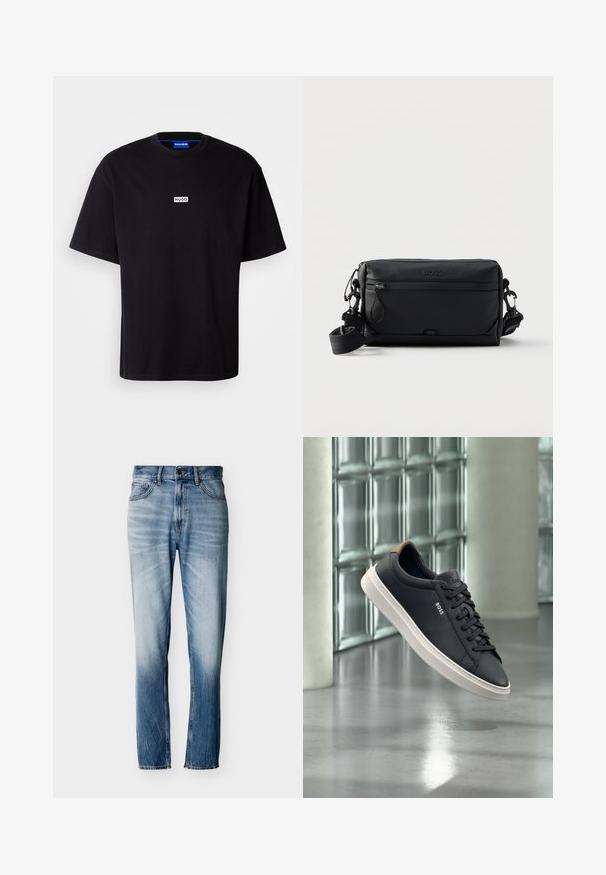 Sort bomulds t-shirt med rund hals, korte ærmer og et hvidt rektangulært "HUGO" logo på brystet. Glat overflade, afslappet pasform.; Blå falmede jeans med lige ben, fem lommer, knaplukning og bæltestropper, vist fladt på hvid baggrund.; Sort lavt snøresneaker med hvid sål og brun hælkappe, mærket "BOSS", svævende indendørs nær en væg af glasblokke.; Sort rektangulær crossbody taske med front lynlåslomme, justerbar rem og præget "BOSS" logo øverst i midten.