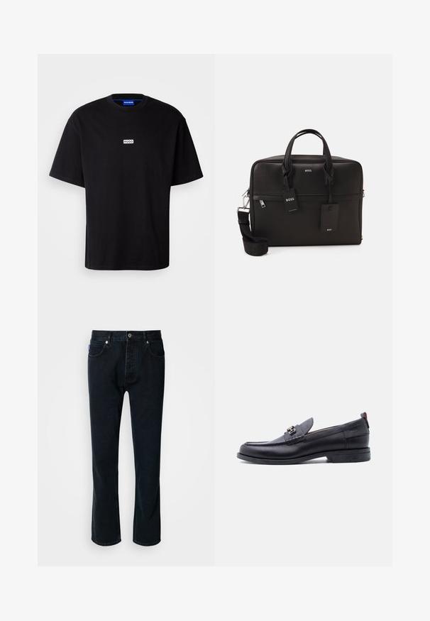 Schwarzes Baumwoll-T-Shirt mit Rundhalsausschnitt, kurzen Ärmeln und einem weißen rechteckigen "HUGO"-Logo auf der Brust. Glatte Textur, lockere Passform.; HUGO JONAH - Jeans Straight Leg - dark blue; Schwarzer Lederloafer mit grauem, strukturiertem Vorderblatt, silberner Metallschnalle, niedrigem Absatz und Zuglasche hinten.; Schwarze Laptoptasche mit strukturierter Oberfläche, doppelten Griffen, abnehmbarem Schultergurt und Metallbeschlägen. Verfügt über zwei Anhänger und ein strukturiertes Design.