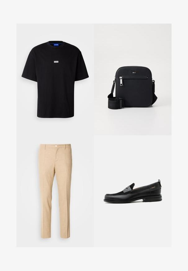 Sort bomulds t-shirt med rund hals, korte ærmer og et hvidt rektangulært "HUGO" logo på brystet. Glat overflade, afslappet pasform.; Beige skræddersyede bukser med en struktureret stof, lige ben-design, frontklapper og en enkelt knaplukning i taljen.; Sort læderloafer med grå remdetalje, lav hæl og tekstureret sål, mærket med "HUGO" i guld på siden.; Sort skuldertaske i læder med en glat tekstur, har en lynlåslomme foran, justerbar rem og et elegant firkantet design.