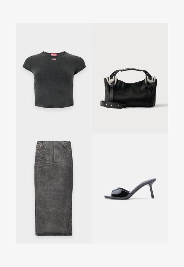 Sort, cropped t-shirt lavet af bomuld med rund halsudskæring og korte ærmer. Har et lille rødt logo og en falmet struktur.; Grå denim midi-skjørt med vertikale striber, med høj talje, fem lomme-design og en ren kant.; Sorte laklæder sandaletter med åben tå, der har et buet overdesign og en spids stilethæl. Glat, blank finish.; Sort håndtaske med sølvspænder, kort hanke og aftagelig skulderrem placeret på en hvid overflade.