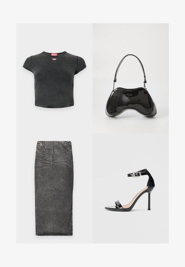 Sort, cropped t-shirt lavet af bomuld med rund halsudskæring og korte ærmer. Har et lille rødt logo og en falmet struktur.; Grå denim midi-skjørt med vertikale striber, med høj talje, fem lomme-design og en ren kant.; Sort højhælet sandal i laklæder med ankelrem. Har minimalistisk design, åben tå og spænde med rhinsten-detaljer.; Sort patentlæder håndtaske med en unik buet form, kort justerbar hank og en lynlåslukning i toppen. Glat tekstur med diskret branding.