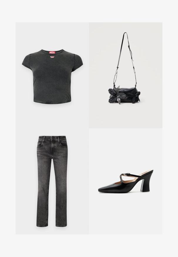Sort, cropped t-shirt lavet af bomuld med rund halsudskæring og korte ærmer. Har et lille rødt logo og en falmet struktur.; Sorte denim jeans med lige snit, der har fem lommer, knap- og lynlås-lukning samt diskret falmning over stoffet.; Sort læder mule med spids tå, mellemhøj udvidet hæl og tynd rem med sølvspænde over vristen.; Sort skuldertaske i læder med justerbar rem og to store dekorative sorte læderblomster med metaløjer foran.