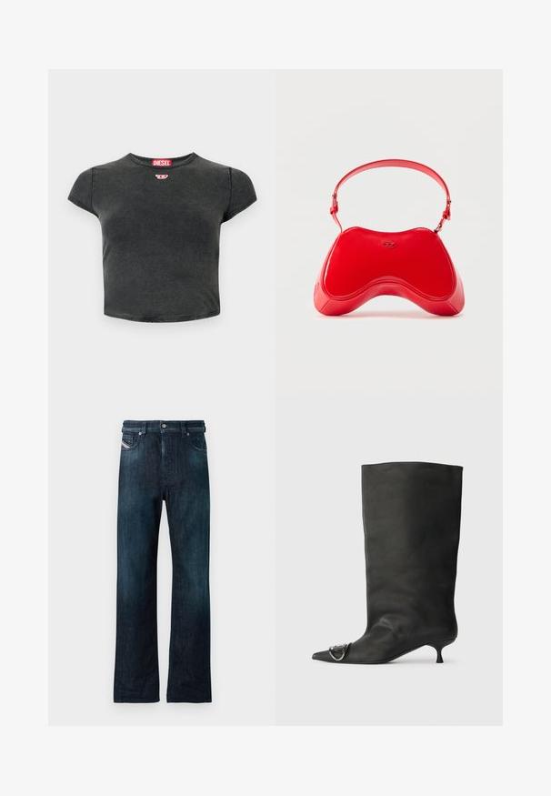 Sort, cropped t-shirt lavet af bomuld med rund halsudskæring og korte ærmer. Har et lille rødt logo og en falmet struktur.; Mørkeblå denimjeans med lige ben, udstyret med knaplukning foran og sidelommer. Blød tekstur med en let falmet effekt.; Sort læder ankelstøvle med spidse tå, lille hæl og metallisk detalje på tæerne. Glat, mat overflade hele vejen igennem.; Rød taske i laklæder med en buet, ergonomisk form, der har en tynd justerbar rem og en diskret logodetalje foran.
