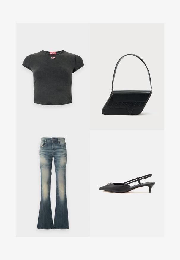 Sort, cropped t-shirt lavet af bomuld med rund halsudskæring og korte ærmer. Har et lille rødt logo og en falmet struktur.; Denimjeans med vidde i en falmet blå farve med let slid. Har lukning med knapper foran, fem lommer og en talje i mellemhøjde.; Sorte slingback-sko med spids tå, lavet af glat materiale, med en lille hæl og en dekorativ sølvaccent på vamps.; Sort skuldertaske i læder med trekantet form, præget logo og en enkelt justerbar rem. Minimalistisk design med glat tekstur.