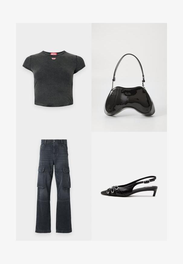 Sort, cropped t-shirt lavet af bomuld med rund halsudskæring og korte ærmer. Har et lille rødt logo og en falmet struktur.; Mørkegrå cargo bukser lavet af denim, med to sidelommer og en bred ben design. Syede detaljer langs sømme og kanter.; Sort læder slingback sko med spids tå, tre sølvspænder på forsiden og lav lille hæl på hvid baggrund.; Sort patentlæder håndtaske med en unik buet form, kort justerbar hank og en lynlåslukning i toppen. Glat tekstur med diskret branding.