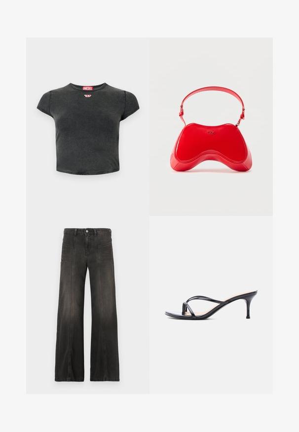 Sort, cropped t-shirt lavet af bomuld med rund halsudskæring og korte ærmer. Har et lille rødt logo og en falmet struktur.; Sort denim i brede ben med en falmet finish, med to forlommer og syede detaljer langs sømmene. Høj talje.; Sort laklædersandal med hæl, tynde krydsede remme og en slank mellemhøj stilethæl på en hvid baggrund.; Rød taske i laklæder med en buet, ergonomisk form, der har en tynd justerbar rem og en diskret logodetalje foran.