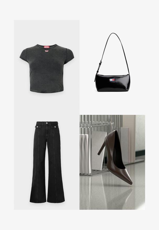 Sort, cropped t-shirt lavet af bomuld med rund halsudskæring og korte ærmer. Har et lille rødt logo og en falmet struktur.; Sorte denim flared jeans med høj talje, der har to frontlommer, hardware i sølv-tone og synlige sømdetaljer foran.; Mørkebrunt læderhæl med høj hæl, der svæver over en reflekterende gulvplade nær en metalhylde med hvide paneler i et rum.; Sort patenteret læder skuldertaske med en buet rem, lynlåslukning og et rektangulært logo patch i rød, hvid og blå.