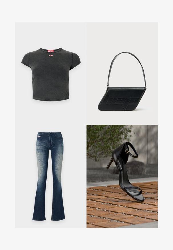 Sort, cropped t-shirt lavet af bomuld med rund halsudskæring og korte ærmer. Har et lille rødt logo og en falmet struktur.; Udsætte denim jeans med en mørkeblå vask og lysere falming, struktureret overflade og lynlås i front. Fem-lomme design med mærkelabel.; Sort højhælet sandal med ankelsnor, der ser ud til at svæve over et trægulv udendørs med sløret grønt og sten i baggrunden.; Sort skuldertaske i læder med trekantet form, præget logo og en enkelt justerbar rem. Minimalistisk design med glat tekstur.