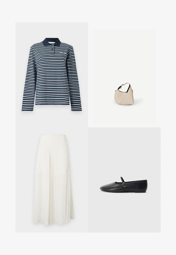 Polo à manches longues à rayures bleu marine et blanches, en coton, avec un col boutonné et un petit logo sur la poitrine.; Jupe maxi blanche taille haute plissée avec une seule fente devant et une finition en tissu texturé.; Ballerines noires en cuir avec un bout pointu, une semelle plate et une petite sangle avec un détail de boucle en argent.; Sac à main en cuir beige en forme de croissant avec une seule bandoulière et des coutures minimalistes, posé sur un fond blanc uni.