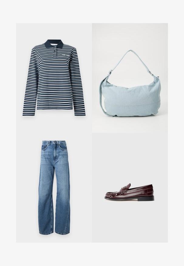 Polo à manches longues à rayures bleu marine et blanches, en coton, avec un col boutonné et un petit logo sur la poitrine.; Jeans en denim bleu clair taille haute avec jambes larges, poches avant et arrière, fermeture par boutons, et décoloration subtile sur les cuisses et les genoux.; Mocassin penny en cuir bordeaux avec semelle noire et détail en métal doré sur le dessus, présenté en vue latérale sur fond blanc.; Sac à dos en denim bleu clair de forme arrondie, avec une bandoulière ajustable et un subtil détail de couture le long du bas. Texture douce.
