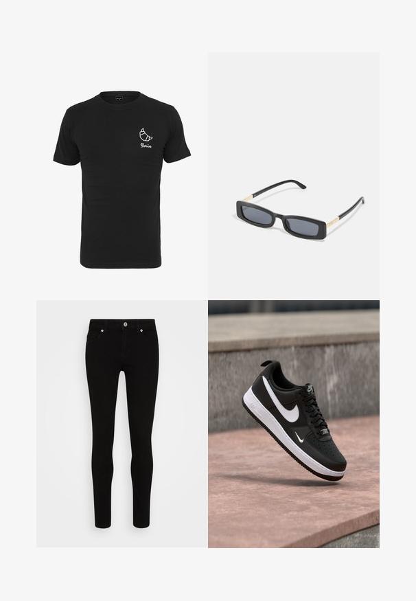 Zwarte katoenen t-shirt met een ronde halslijn, korte mouwen en een witte graphic van een croissant met de tekst "Paris" eronder.; Zwarte skinny jeans met een gladde textuur, vijf-pocket ontwerp, knoopsluiting aan de voorkant en een slank silhouet. Minimalistische stijl zonder zichtbare patronen.; Zwart-witte Nike Air Force 1 sneaker zwevend boven een roze betonnen oppervlak met een achtergrond van grijze stenen.; Rechthoekige zwarte zonnebril met donkere lenzen. Slanke, platte armen hebben een gouden accent. Glad kunststof frame met een matte afwerking.