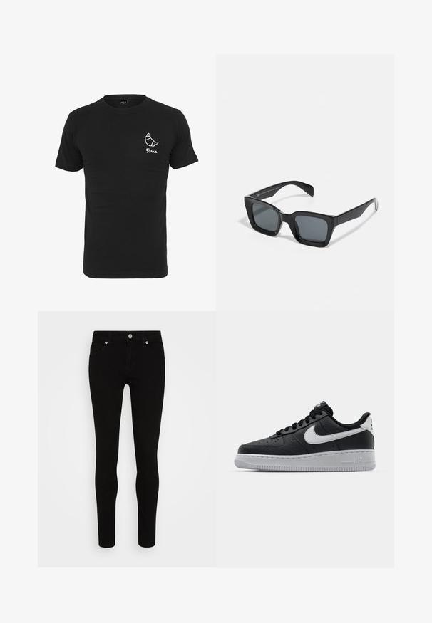 Sort bomuld t-shirt med rund halsudskæring, korte ærmer og hvid grafik af et croissant med teksten "Paris" nedenunder.; Sorte skinny jeans med en glat tekstur, fem lommer, frontlukning med knap og en slank silhuet. Minimalistisk stil uden synlige mønstre.; Sort lædersneaker med tekstureret overflade, hvid Nike swoosh, grå sål, rund tå og snørebåndsdesign. Har perforeringer på tåboksen.; Sorte rektangulære solbriller med mørke linser. Plastisk stel med højglans finish, der har en bred næsebro og let tilspidsede arme.
