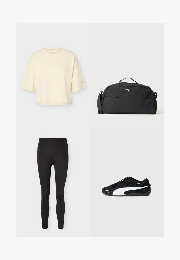 Κοντομάνικο cropped T-shirt Puma σε κρεμ απόχρωση με στρογγυλή λαιμόκοψη και μικρό λογότυπο Puma στο αριστερό μανίκι και εσωτερικά στον γιακά.; Μαύρα κολάν ψηλομεσαίας μέσης και με πλήρες μήκος από λεία ύλη με ελάχιστες ραφές, εμφανιζόμενα σε απλό φωτεινό φόντο.; Μαύρα αθλητικά παπούτσια με υλικό από διχτυωτό και σουέντ, με λευκό λογότυπο Puma, ελαστικά κορδόνια και υφή από καουτσούκ στην σόλα.; Μαύρη τσάντα duffel Puma με λευκό λογότυπο, χειρολαβή στην κορυφή, ρυθμιζόμενο ιμάντα ώμου και δίχτυα στην πλευρά σε απλό φόντο.