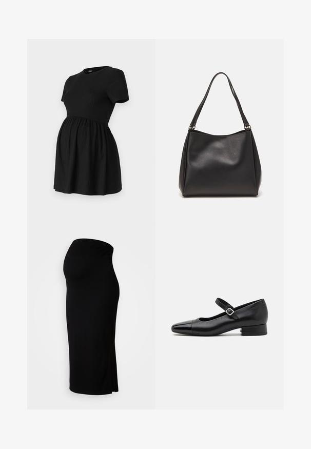 ONLY MATERNITY Peplum OLMMALAYA Peplum - T-Shirt basic - black; MAMALICIOUS MLLIF MIDI SKIRT - Bleistiftrock - black; Schwarze Leder-Mary-Jane-Schuhe mit einer patentierten Zehenkappe, verstellbarem Knöchelriemen und niedrigem Blockabsatz. Glatte Textur und elegantes Design.; Schwarze Handtasche aus synthetischem Leder mit weicher Textur, Hobo-Form und doppelten Schulterriemen; zeichnet sich durch ein glänzendes Finish und minimalistisches Design aus.