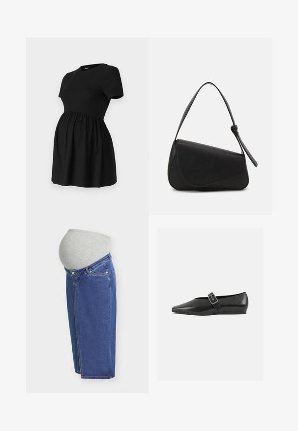 ONLY MATERNITY Peplum OLMMALAYA Peplum - T-shirts basic - black; Blå denim graviditetsnederdel med gråt stretch-taljebånd designet til at sidde over en gravid mave, vist fra siden.; Sorte læder flade sko med spidse tæer, prydet med en metallisk spænde over vristen og en lav, fleksibel sål.; Sort læderhåndtaske med en triangular form, skrå klap og et rundt håndtag. Har en glat overflade og minimalistiske design detaljer.