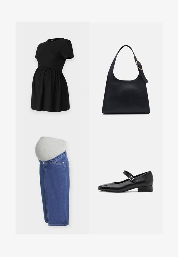 ONLY MATERNITY Peplum OLMMALAYA Peplum - Základné tričko - black; Modrá rifľová tehotenská sukňa so sivým elastickým pásom navrhnutým na prispôsobenie sa tehotenskému brušku, zobrazená z bočného pohľadu.; Čierne kožené topánky Mary Jane s lakovanou špičkou, nastaviteľným remienkom okolo členku a nízkym blokovým podpätkom. Hladká textúra a elegantný dizajn.; Čierna kožená taška cez rameno s hladkou textúrou, okrúhlym telom a jedným ramenným popruhom zdobeným okrúhlou zlatou kovovou dekoráciou.