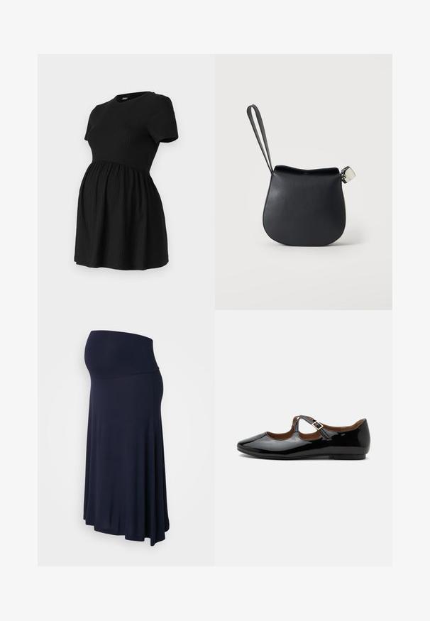 ONLY MATERNITY Peplum OLMMALAYA Peplum - Camiseta básica - black; Falda de maternidad en azul marino, hecha de una tela suave y elástica. Cuenta con una cinturilla alta y un diseño fluido en A.; Zapato plano Mary Jane de charol negro con dos recortes y una correa con hebilla dorada sobre fondo blanco.; Bolso de muñeca de cuero negro con base redondeada y cierre plateado sobre un fondo blanco liso.