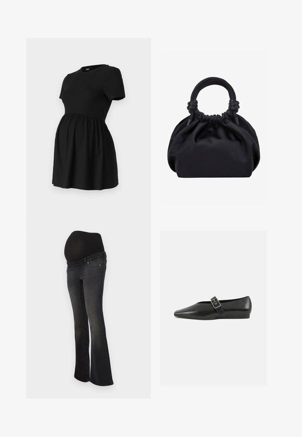 ONLY MATERNITY Peplum OLMMALAYA Peplum - T-Shirt basic - black; Schwangerschaftsjeans aus dunkelgrauem Denim mit einem dehnbaren schwarzen Einsatz zur Unterstützung des Bauches, ausgestelltem Bein-Design und klassischem Fünf-Taschen-Stil.; Schwarze Lederflachschuhe mit spitzem Zehenbereich, ausgestattet mit einem metallischen Riemen über dem Spann und einer niedrigen, flexiblen Sohle.; Schwarze weiche Stoffhandtasche mit gerafftem oberen Rand und runden, gepolsterten Griffen, die auf jeder Seite mit Knoten gebunden sind.