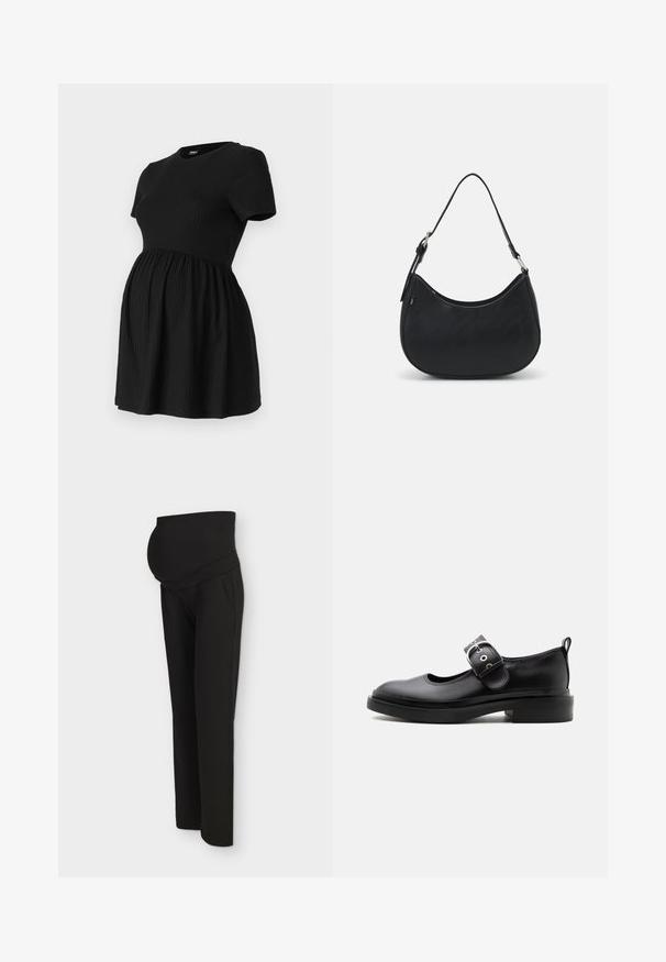 ONLY MATERNITY Peplum OLMMALAYA Peplum - Camiseta básica - black; Pantalones de maternidad negros con cintura elástica alta, diseñados para ajustarse cómodamente sobre una barriga de embarazada, mostrados sobre un fondo claro.; Zapato Mary Jane de cuero negro con suela gruesa, punta redondeada, correa con hebilla plateada y tirador en la parte trasera.; Bolso hobo negro hecho de cuero suave con una silueta curva, que cuenta con una sola correa ajustable y detalles de diseño minimalistas.