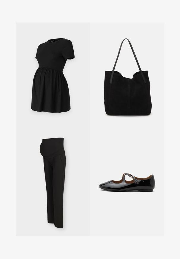 ONLY MATERNITY Peplum OLMMALAYA Peplum - T-shirts basic - black; Sort graviditetsbukser med høj elastisk linning designet til at passe komfortabelt over en gravid mave, vist på en lys baggrund.; Sort laklæder Mary Jane-flad sko med to udskæringer og en guldbuckelrem på hvid baggrund.; Sort ruskinds totemed med to lange, flade læderremme. Har en buet topkant og synlige stikninger langs forsiden. Ingen hardware-dekorationer.