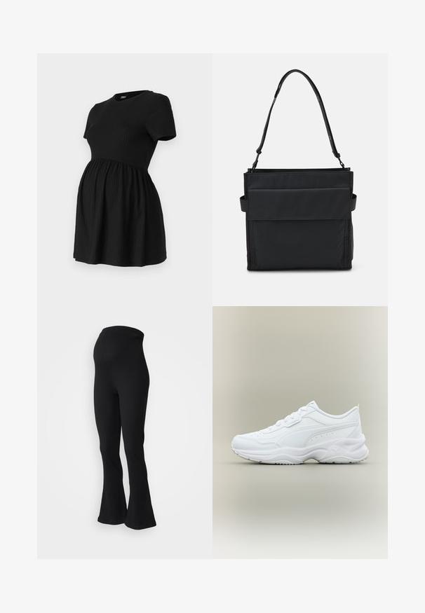 ONLY MATERNITY Peplum OLMMALAYA Peplum - T-Shirt basic - black; Schwarze, gerippte, ausgestellte Hosen mit hoch sitzendem Bund. Der Stoff hat eine strukturierte Optik und ist für eine figurbetonte Silhouette konzipiert.; Weißer niedriger Sportschuh mit Schnürung vorne, strukturierter Sohle und dezentem genähtem Design auf glattem Obermaterial.; Schwarze Schultertasche aus Stoff mit einer flachen Fronttasche, verstellbarem Riemen und minimalistischer Gestaltung. Glatte Textur ohne Muster.