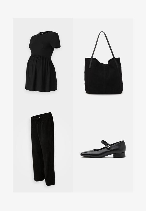 ONLY MATERNITY Peplum OLMMALAYA Peplum - Camiseta básica - black; Pantalones de pana negra con un corte relajado, que cuentan con una cinturilla elástica y un largo recortado. Textura suave con un patrón de costillas verticales.; Zapatos Mary Jane de cuero negro con puntera de charol, correa de tobillo ajustable y tacón bajo. Textura suave y diseño elegante.; Bolso de mano de ante negro con dos correas de cuero largas y planas. Presenta un borde superior curvado y costuras visibles en la parte frontal. Sin acentos de metal.