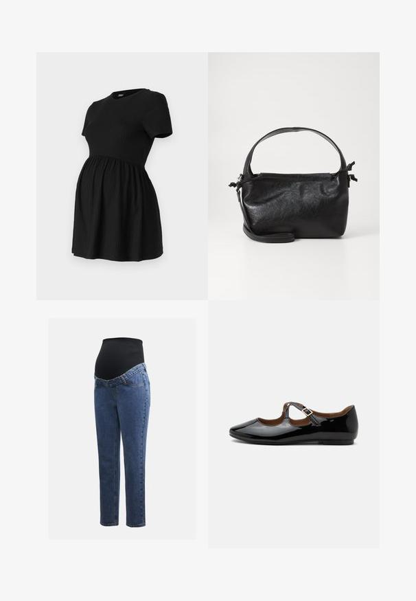 ONLY MATERNITY Peplum OLMMALAYA Peplum - Lihtne T-särk - black; Rasedusjeansid sinise denimi jalgadega ja musta veniva kõhuplaadiga, mis on mõeldud toetama ja katma kasvavat kõhtu.; Mustast lakknahast Mary Jane-tüüpi madalad kingad kahe lõikeauguga ja kuldse pandlaga rihmaga valgel taustal.; Must mustrikujundusega must nahast käekott, ümarate pealmiste käepidemete ja eemaldatava õlalihaga. Omab siledat tekstuuri ja peent sära.