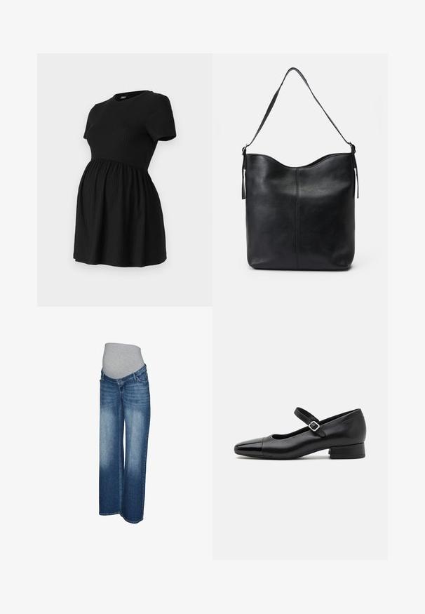 ONLY MATERNITY Peplum OLMMALAYA Peplum - T-shirt basic - black; Zwangerschapsjeans in licht tot donkerblauw denim. Wijdere pijp met een grijze elastische tailleband voor comfort en rekbaarheid. Geen zichtbare hardware.; Zwarte leren Mary Jane schoenen met een gepatenteerde neus, verstelbare enkelband en lage blokhak. Een gladde textuur en een elegante uitstraling.; Zwarte leren schoudertas met een gladde textuur, ronde bovenkant, enkele schouderband en een minimalistisch ontwerp zonder zichtbare hardware.
