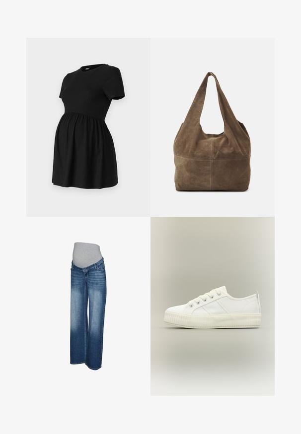 ONLY MATERNITY Peplum OLMMALAYA Peplum - T-shirts basic - black; Graviditetsjeans i lys til mørkeblå denim. Bredbenet design med en grå elastisk linning for komfort og stræk. Ingen synlige metaldele.; Hvid lavtop sneaker med tyk ribbet sål, snørelukning foran og trækflap på hælen mod en neutral baggrund.; Brun ruskinds hobo taske med én skulderrem, blød tekstur og en rund form. Har en søm tværs over midten for ekstra detalje.