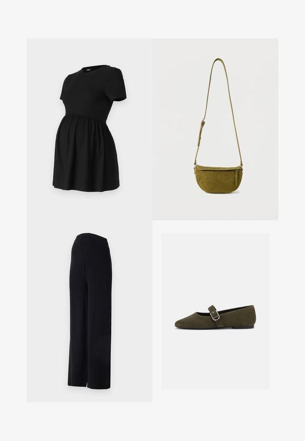 ONLY MATERNITY Peplum OLMMALAYA Peplum - T-shirts basic - black; Even&Odd Maternity FULL LENGTH WIDE RIB PANTS M-EV4_SS22_2-1-A_011 - Wide leg - black; Æblegrøn ruskind Mary Jane flad sko med sølvspænde og rundet tå, vist på en hvid baggrund.; Olivengrøn ruskind skuldertaske med justerbar rem og lynlåslomme foran på ensfarvet hvid baggrund.