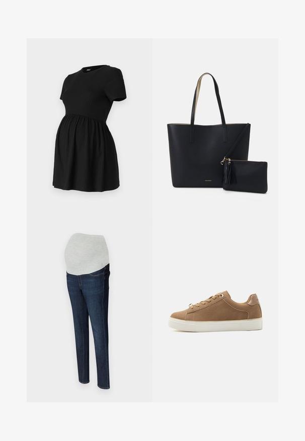 ONLY MATERNITY Peplum OLMMALAYA Peplum - T-shirt basic - black; Zwangere jeans met een donkerblauwe denimlook, voorzien van een grijze elastische tailleband en vijf-pocket styling. Recht model.; Anna Field Sneakers laag - cognac; Zwarte totebag van gestructureerd materiaal, met twee lange handvatten en een afneembare tas met rits voorzien van een franjesdetail. Gouden merklogo zichtbaar.
