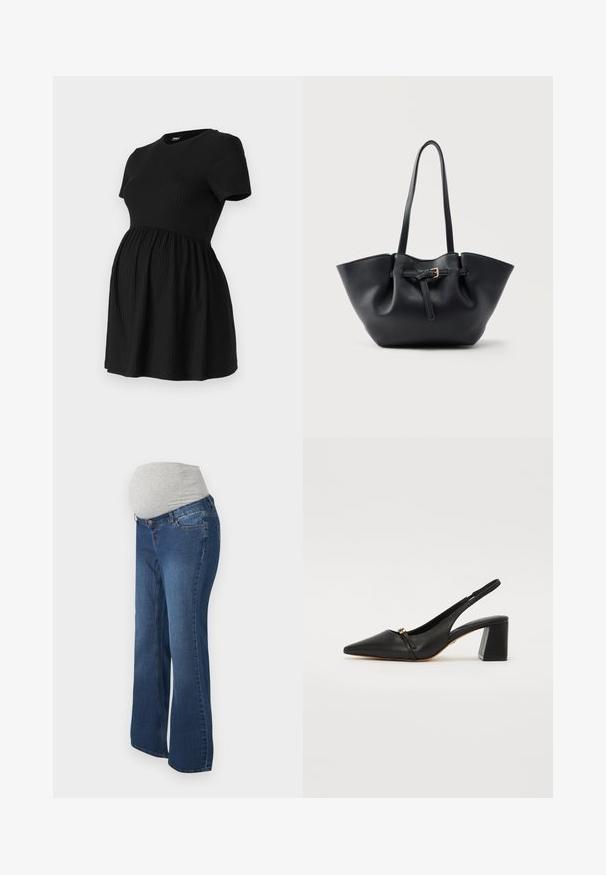 ONLY MATERNITY Peplum OLMMALAYA Peplum - T-Shirt basic - black; Schwangerenjeans aus dunkelblauem Denim mit einem grauen dehnbaren Bund, mit geradem Bein und Fronttaschen.; Schwarze Leder-Slingback-Pumps mit spitzem Zehenbereich, schmalem Vorderband und Blockabsatz. Glatte Oberfläche mit goldenen Akzentdetails.; Schwarze Ledertasche mit langen Griffen und einem vorderen Riemen mit kleiner goldener Schnalle, vor einfarbigem Hintergrund.
