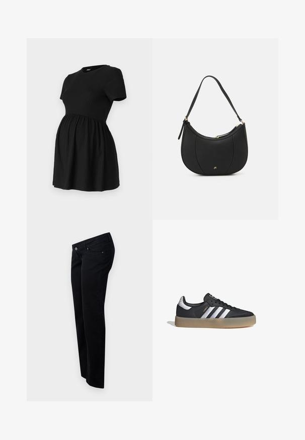 ONLY MATERNITY Peplum OLMMALAYA Peplum - Camiseta básica - black; Vaqueros de mezclilla negra con corte recto, con cierre de botón en la parte delantera, trabillas para cinturón y cinco bolsillos. Textura suave y mate.; Zapatilla deportiva de cuero negro con tres rayas plateadas, punta texturizada y suela de goma. Cuenta con un collar acolchado y un diseño con cordones.; Bolso de mano de cuero negro con forma curva, superficie texturizada, costuras frontales y un logo en tono dorado. Cuenta con una sola correa ajustable.