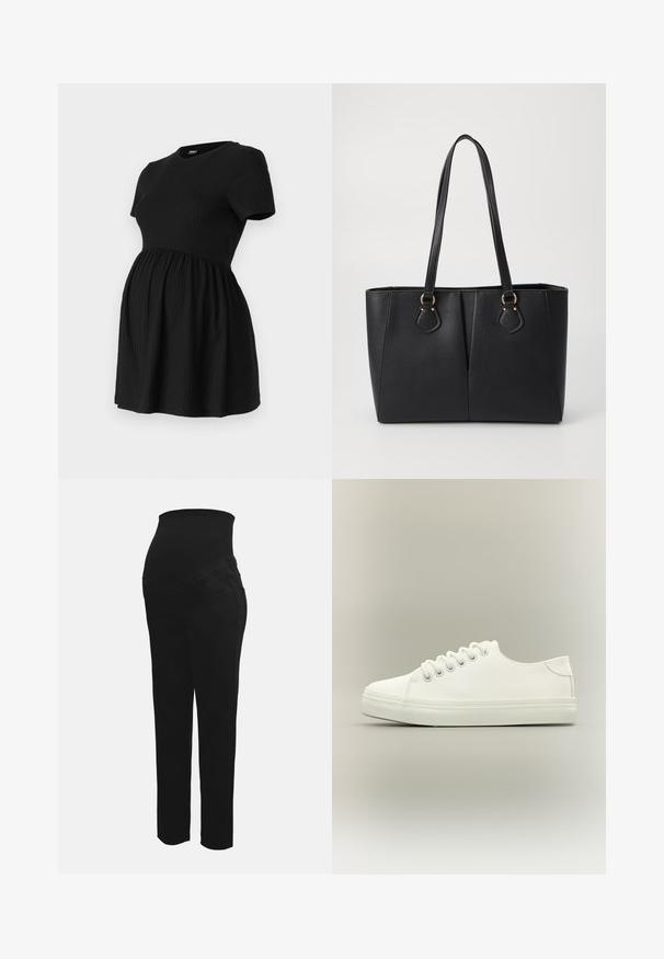 ONLY MATERNITY Peplum OLMMALAYA Peplum - Camiseta básica - black; Pantalones de maternidad negros con una cinturilla alta elástica diseñada para apoyar una barriga de embarazada, con corte recto y bolsillos frontales.; Zapatilla blanca baja con cordones blancos y suela de goma mostrada desde vista lateral sobre un fondo neutro.; Bolso tote de cuero sintético negro con un acabado texturizado, dos asas largas y detalles en tono dorado en el lateral. Forma rectangular.