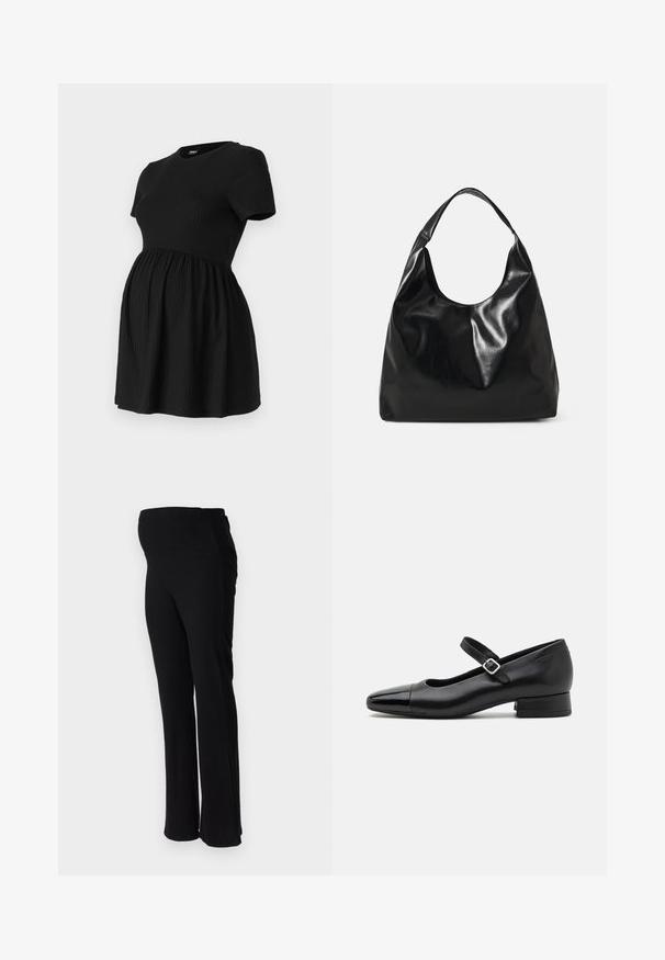 ONLY MATERNITY Peplum OLMMALAYA Peplum - Základné tričko - black; ONLY MATERNITY OLMHALLE - Nohavice - black; Čierne kožené topánky Mary Jane s lakovanou špičkou, nastaviteľným remienkom okolo členku a nízkym blokovým podpätkom. Hladká textúra a elegantný dizajn.; Čierna kožená hobo taška s jemnou, lesklou textúrou a zaobleným, otvoreným vrchom. Obsahuje široký, zakrivený popruh na nosenie. Žiadne viditeľné kovanie.