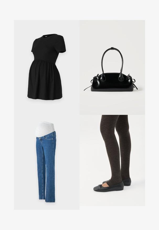 ONLY MATERNITY Peplum OLMMALAYA Peplum - T-shirt basic - black; Vero Moda Maternity Straight fit maternity - Straight leg jeans - medium blue denim; Benen met donkere geribbelde leggings gecombineerd met zwarte ballerina's met kleine strikdetails op een witte achtergrond.; Kleine zwarte glanzende handtas met twee lange hengsels en zijkant trekkoord details op een effen lichte achtergrond.