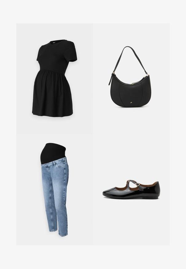 ONLY MATERNITY Peplum OLMMALAYA Peplum - T-shirt basic - black; Zwangerschapsjeans met een zwarte rekbare tailleband en lichtblauwe denim. Rechte pijpontwerp met klassieke vijf-pocket stijl en vervaagde was.; Zwarte lakleren Mary Jane platte schoen met twee uitsparingen en een gouden gespbandje op een witte achtergrond.; Zwarte leren handtas met een gebogen vorm, textuuroppervlak, voornaden en een logo in goudkleur. Beschikt over een enkele verstelbare schouderband.