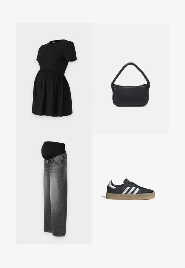 ONLY MATERNITY Peplum OLMMALAYA Peplum - Camiseta básica - black; Jeans de maternidad en denim negro desgastado, con una cinturilla negra elástica para mayor soporte. Diseño de pierna ancha con bolsillos frontales estándar.; Zapatilla deportiva de cuero negro con tres rayas plateadas, punta texturizada y suela de goma. Cuenta con un collar acolchado y un diseño con cordones.; Bolso negro de forma redondeada, hecho de material liso. Presenta un asa trenzada y un cierre de cremallera para un almacenamiento seguro.