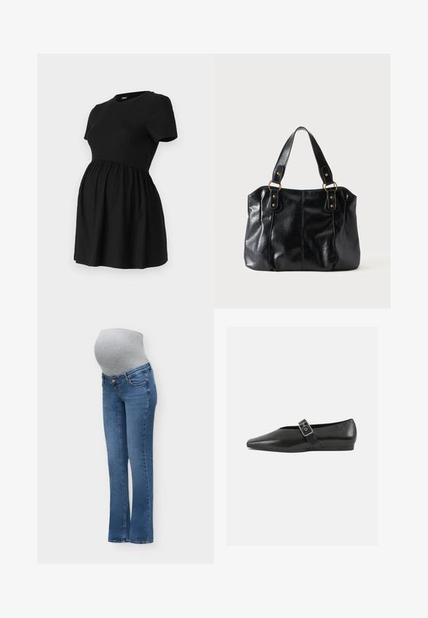 ONLY MATERNITY Peplum OLMMALAYA Peplum - T-Shirt basic - black; Blaue Umstandsjeans mit einem grauen elastischen Bauchpanel, das über den Babybauch passt, für Komfort und Halt.; Schwarze Lederflachschuhe mit spitzem Zehenbereich, ausgestattet mit einem metallischen Riemen über dem Spann und einer niedrigen, flexiblen Sohle.; Schwarze Leder-Schultertasche mit doppelten Trägern, befestigt durch goldene Ringe und Nieten, glatte und leicht glänzende Oberfläche, schlichtes Design.